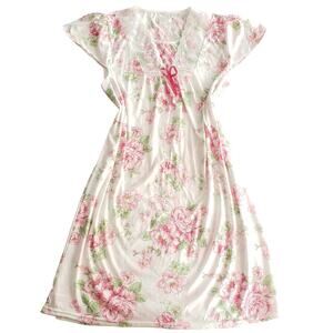 Y2K Lati Fashions Sz L White Pink Floral Nightgown Dress Lace Bow Midi Coquette